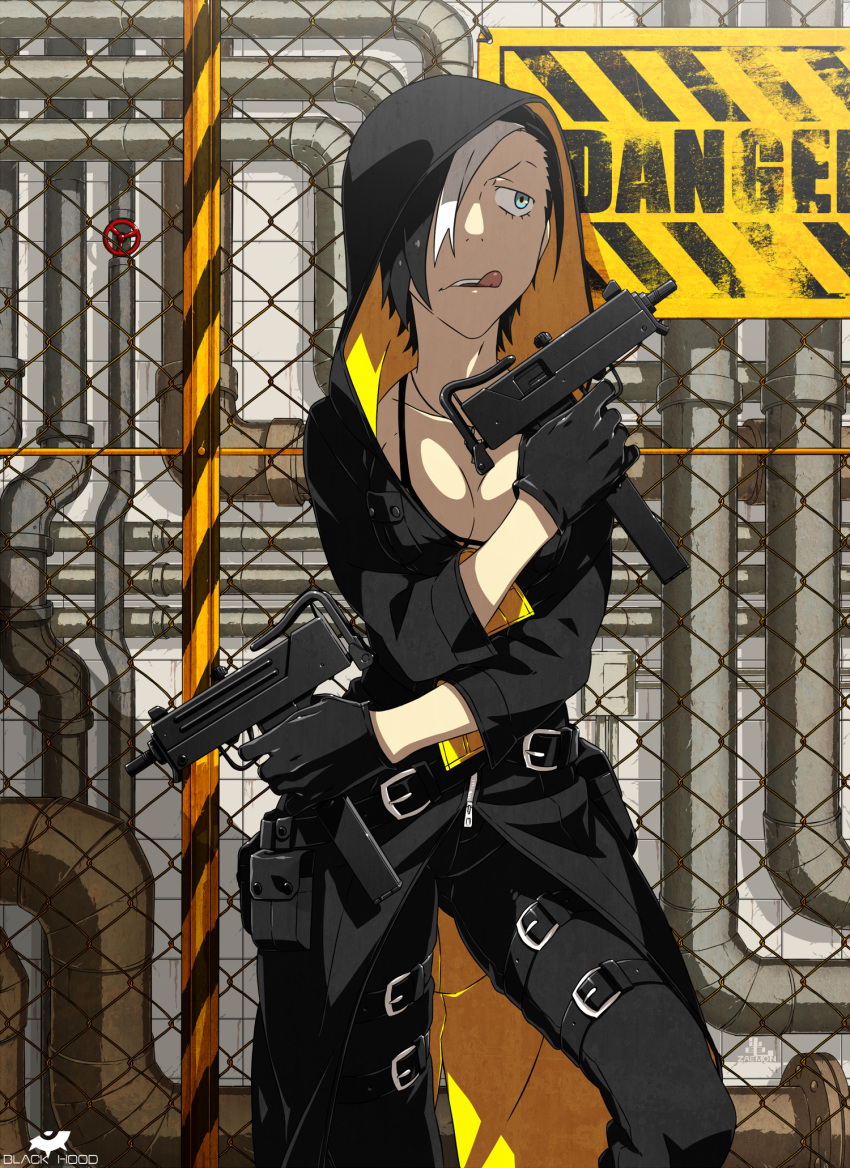 1girl :q belt bikini_top black_hair black_hood breasts chain-link_fence cleavage cross dual_wielding fence gun hair_over_one_eye highres hood jewelry kamezaemon multicolored_hair necklace original short_hair solo standing tongue tongue_out two-tone_hair weapon white_hair