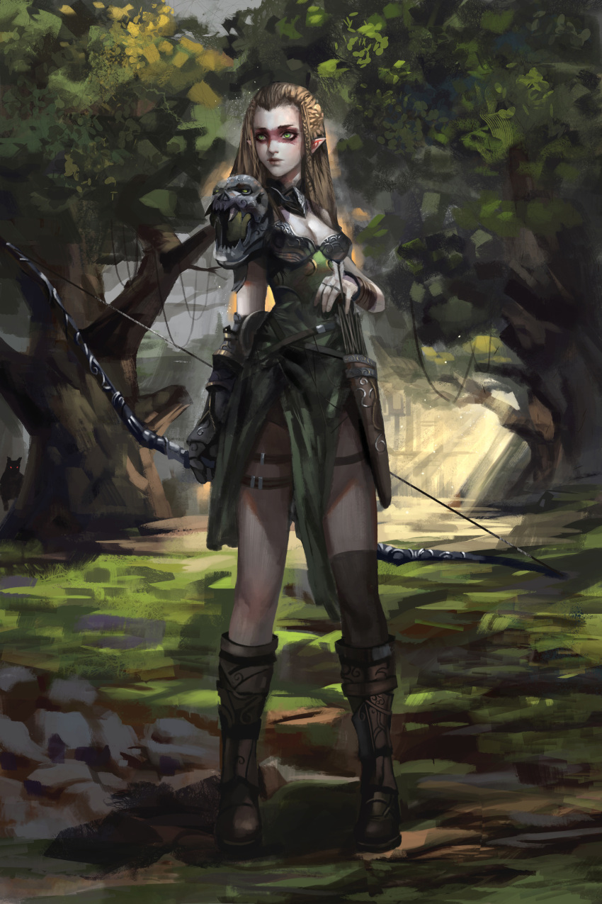 1girl absurdres armor arrow baka_(mh6516620) belt blonde_hair boots bow braid breasts cleavage elf facial_mark forest gorget green_eyes highres light_rays lips long_hair nature pointy_ears quiver skull solo spaulders thigh_strap tree