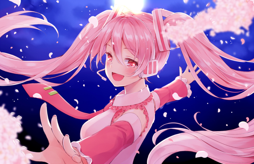 1girl cherry_blossoms detached_sleeves full_moon hair_ornament hatsune_miku head_wings long_hair long_sleeves looking_at_viewer moon natsu_(natume0504) necktie night open_mouth outstretched_arms petals pink_eyes pink_hair sakura_miku shirt sky smile solo twintails upper_body very_long_hair vocaloid wide_sleeves