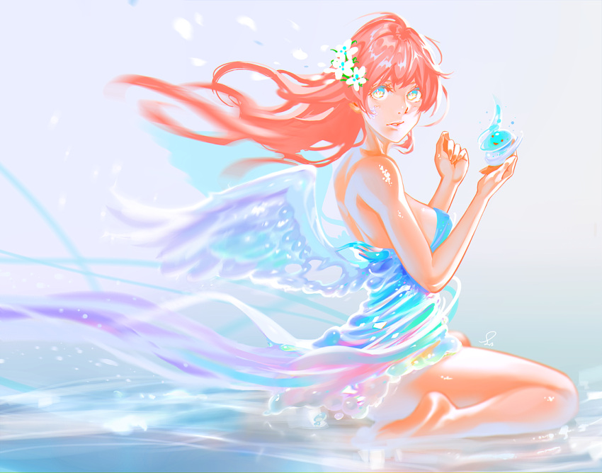 1girl bare_shoulders barefoot blue_eyes dress flower hair_flower hair_ornament liquid_clothes long_hair looking_to_the_side rapa_rachi redhead sitting solo water wings