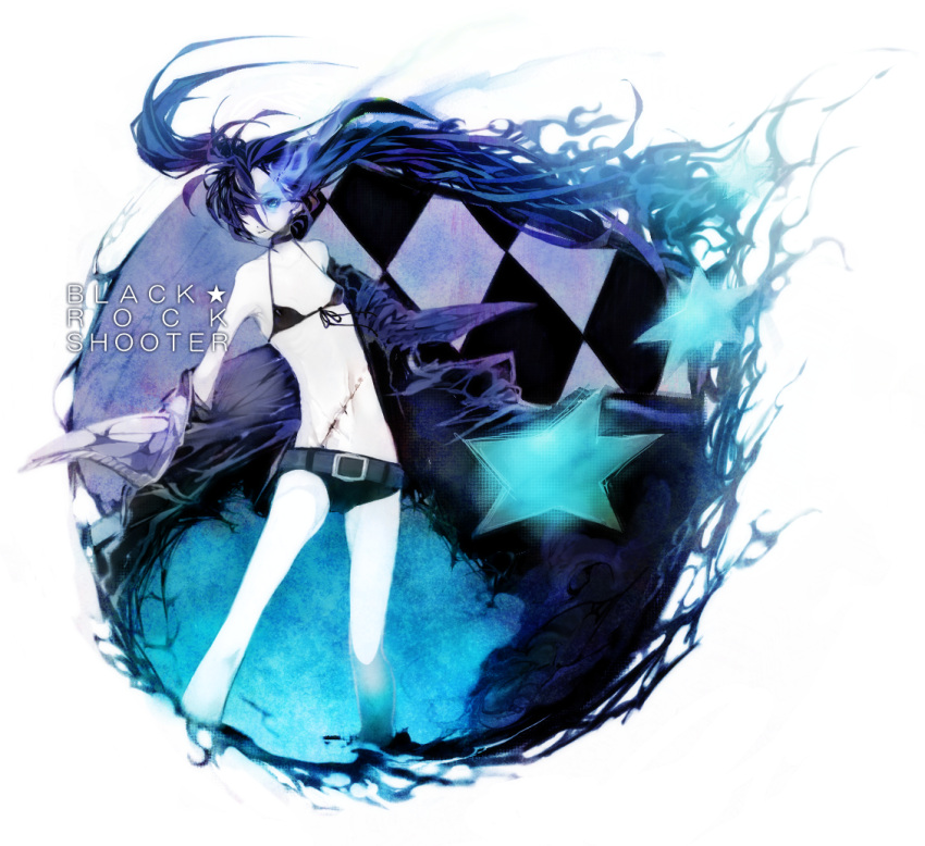 belt bikini_top black_hair black_rock_shooter black_rock_shooter_(character) blue_eyes blue_hair checkerboard checkered choker flat_chest front-tie_top glowing glowing_eye glowing_eyes hotpants jacket long_hair o_(pixiv) pale_skin scar short_shorts shorts solo star twintails uneven_twintails very_long_hair wind