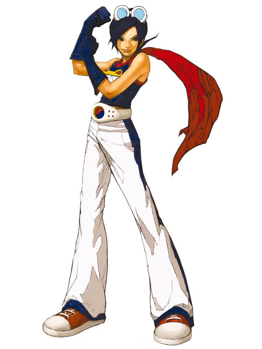 blue_hair cape gloves goggles goggles_on_head highres king_of_fighters king_of_fighters_2002 korea may_lee nona official_art pose shoes short_hair sneakers snk tank_top