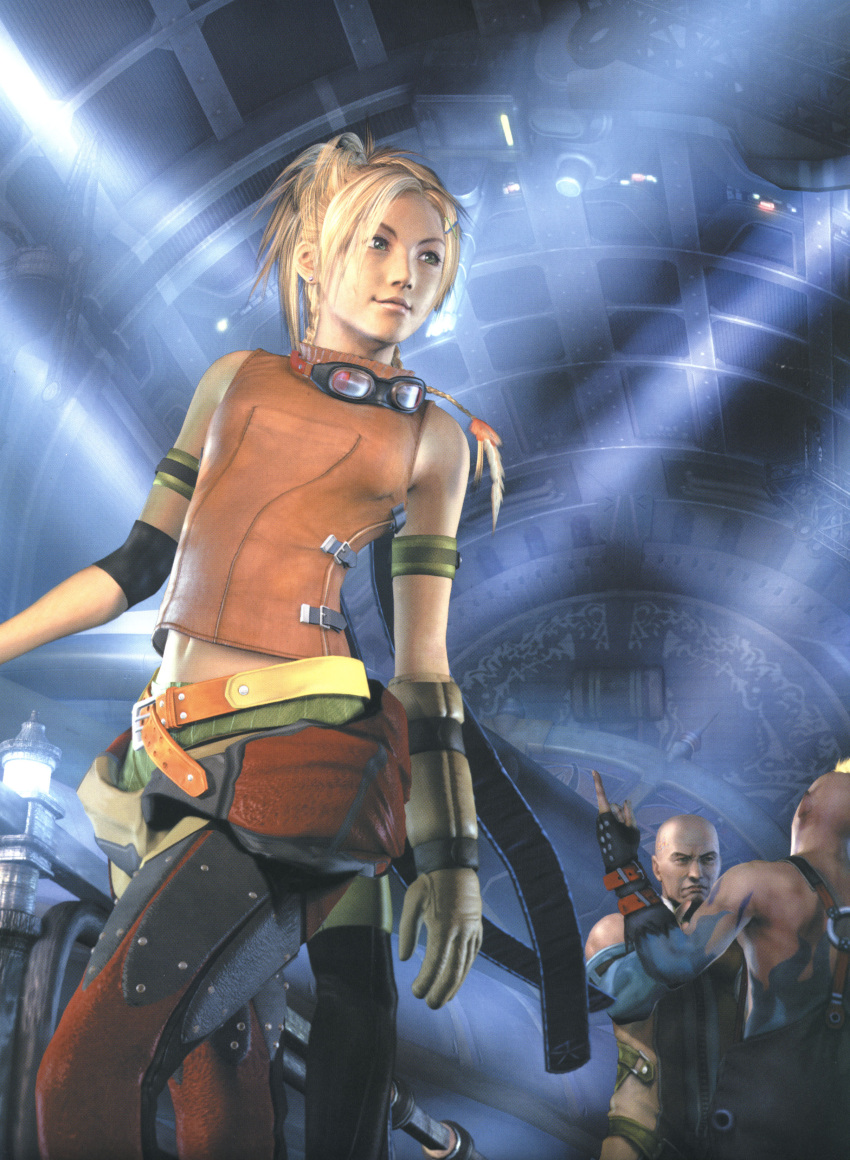 3d absurdres al_bhed_eyes aniki_(ff10) armband bald belt blonde_hair braid cg cid_(ff10) closed_mouth earrings family final_fantasy final_fantasy_x fingerless_gloves gloves goggles goggles_around_neck green_eyes highres indoors jewelry multiple_boys official_art rikku scan single_braid sleeveless tattoo twin_braids undressing