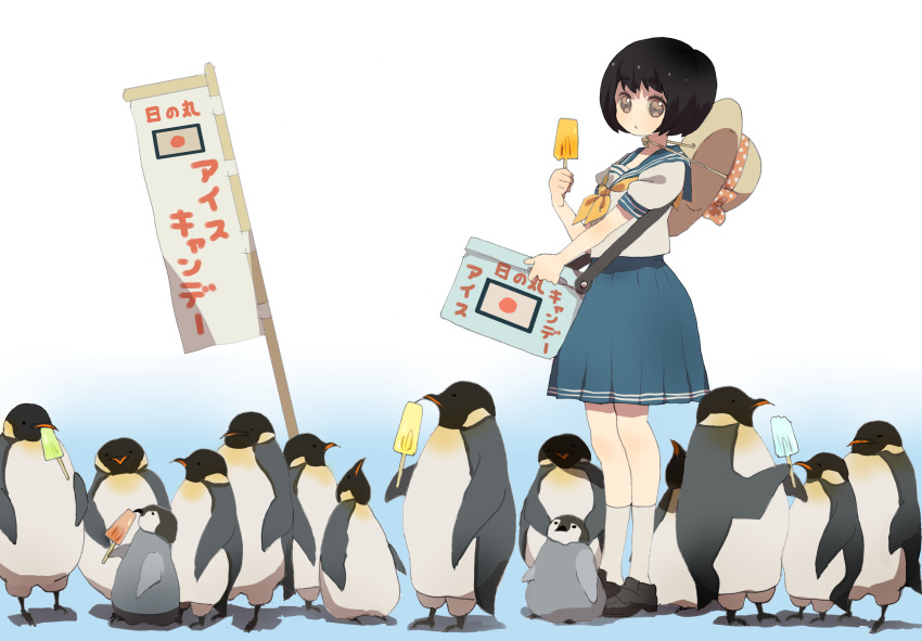 bird black_hair flag hat highres original penguin popsicle school_uniform short_hair wamochi