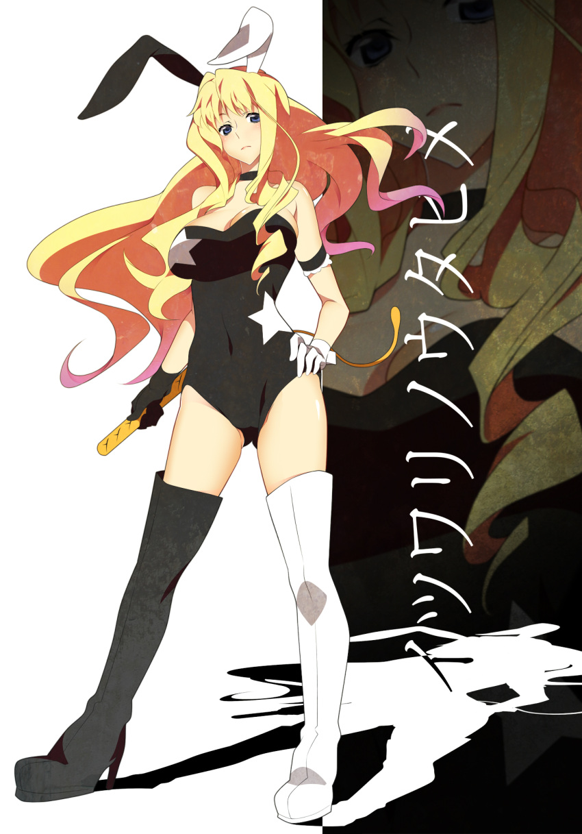 bare_shoulders blonde_hair blue_eyes boots breasts bunny_ears bunnysuit gradient_hair hand_on_hip high_heels highres large_breasts long_hair macross macross_frontier microphone multicolored_hair nanao rabbit_ears shadow sheryl_nome shoes solo star thigh-highs thigh_boots thighhighs translated translation_request zoom_layer