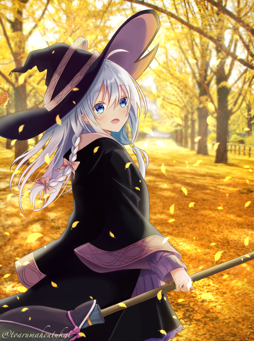 1girl absurdres ahoge autumn_leaves black_headwear blush bow braid broom commentary_request dot_nose elaina_(majo_no_tabitabi) eyebrows_visible_through_hair hair_between_eyes hair_bow hat highres holding holding_broom lake leaves_in_wind long_hair long_sleeves majo_no_tabitabi nakki_(toarumajyutushi) open_mouth revision signature silver_hair smile solo tree violet_eyes white_hair wide_sleeves wind witch witch_hat