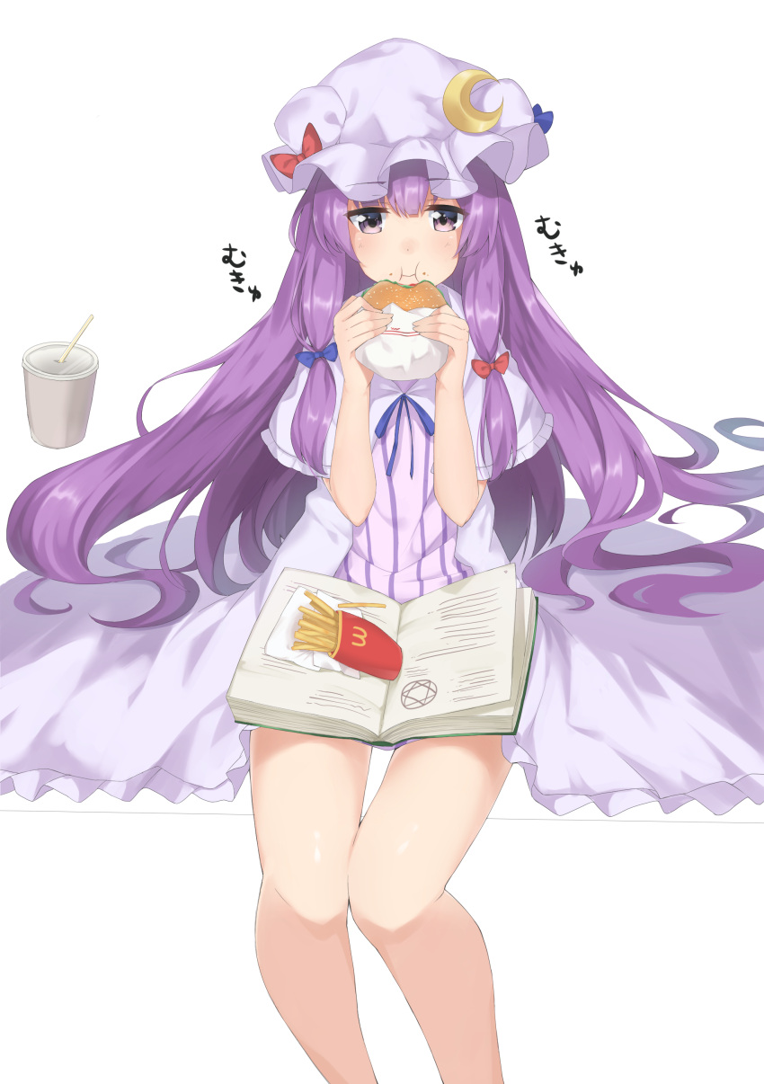 1girl absurdres blue_bow book bow brand_name_imitation capelet crescent crescent_hair_ornament cup dress eating emushake food french_fries hair_bow hair_ornament hamburger hat highres long_hair mcdonald's mob_cap patchouli_knowledge purple_hair red_bow simple_background sitting solo striped striped_dress touhou vertical_stripes very_long_hair violet_eyes white_background