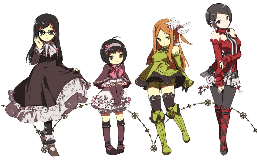 4girls :o adapted_costume ahoge alternate_costume amatori_chika bangs bare_shoulders black-framed_glasses black_dress black_eyes black_gloves black_hair black_legwear black_shoes bloomers boots bow brown_eyes capelet closed_mouth cross-laced_footwear detached_collar detached_sleeves dress earrings eyelashes floral_print flower frown gloves green_boots green_dress green_eyes green_shorts hair_flower hair_ornament hairband jewelry kitora_ai kneehighs konami_kirie lace lace-trimmed_dress lace-trimmed_sleeves lace-trimmed_thighhighs lineup long_sleeves looking_at_viewer multiple_girls orange_hair own_hands_together pantyhose pink_bow pink_flower rakugaki_man ribbon sash shoes simple_background skirt_hold smile socks socks_over_pantyhose standing strapless swept_bangs thigh-highs underwear usami_shiori v_arms violet_eyes white_background white_dress white_flower world_trigger