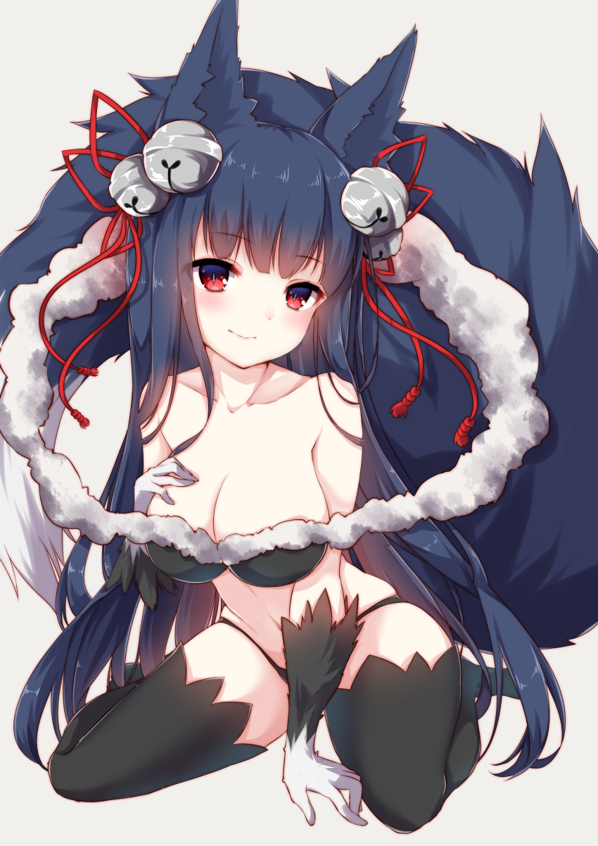 1girl absurdres amane_tari animal_ears bangs bare_shoulders bell between_legs black_hair black_legwear blush breast_suppress breasts cleavage closed_mouth collarbone eyebrows eyebrows_visible_through_hair fox_ears fox_tail full_body fur_trim gloves granblue_fantasy grey_background hair_bell hair_ornament hand_between_legs head_tilt highres jingle_bell large_breasts long_hair looking_at_viewer red_eyes red_ribbon ribbon simple_background sitting smile solo tail thigh-highs wariza yuel_(granblue_fantasy)