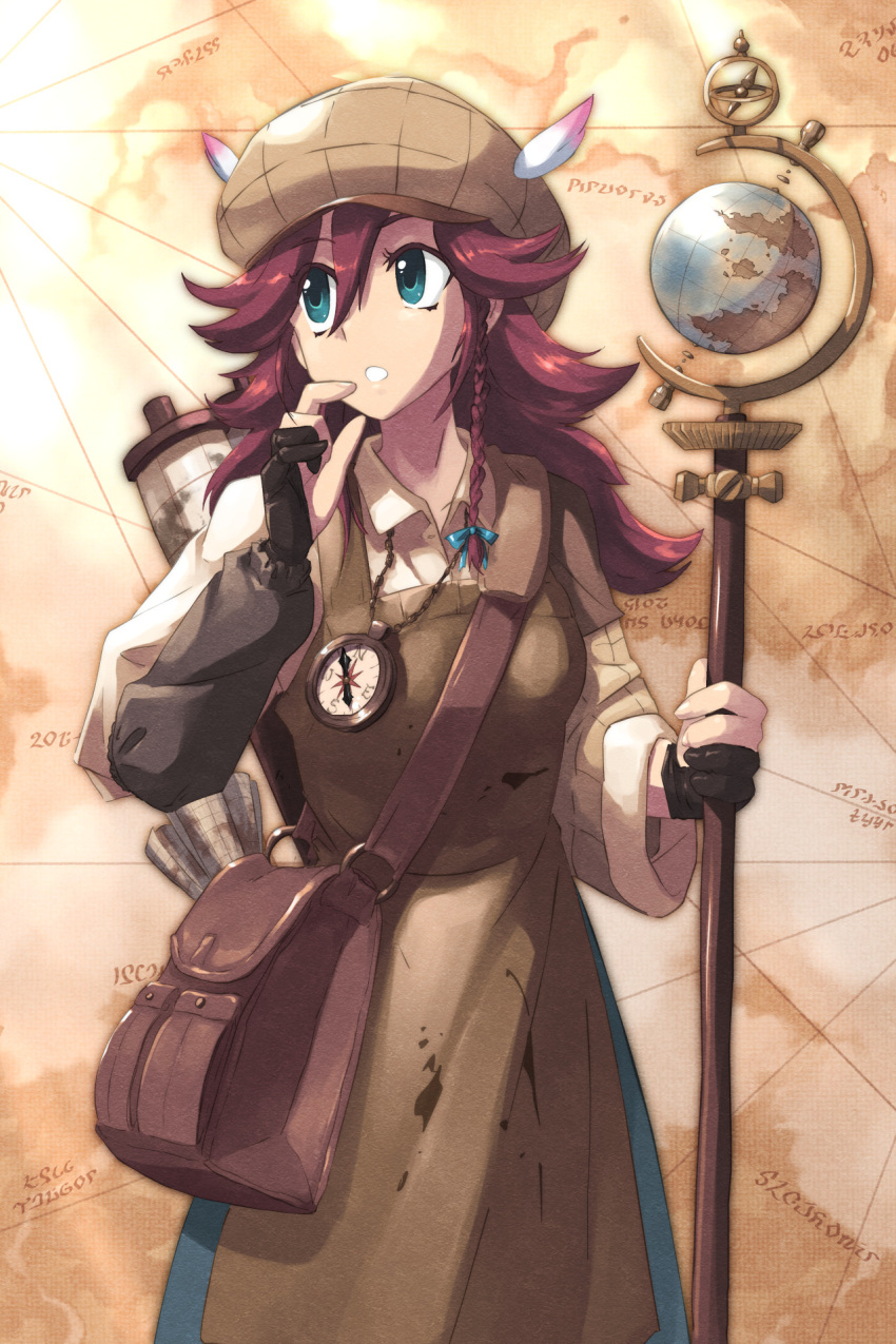 1girl apron bag beret blue_eyes braid brown_hair chain_chronicle collared_shirt compass cowboy_shot globe gloves hat highres jewelry john_su long_hair looking_to_the_side map necklace scroll shirt side_braid solo staff