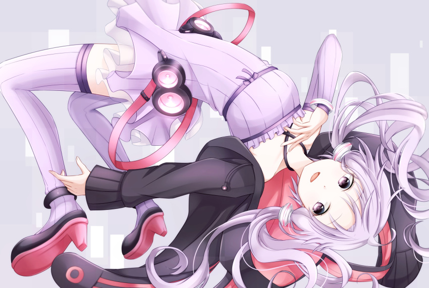 1girl animal_hood bare_shoulders bunny_hood collarbone dress falling frilled_dress frills full_body hair_ornament highres hood hood_down hoodie long_hair looking_at_viewer open_mouth purple_hair purple_legwear shoes simple_background smile solo thigh-highs twintails violet_eyes vocaloid voiceroid yamagara yuzuki_yukari