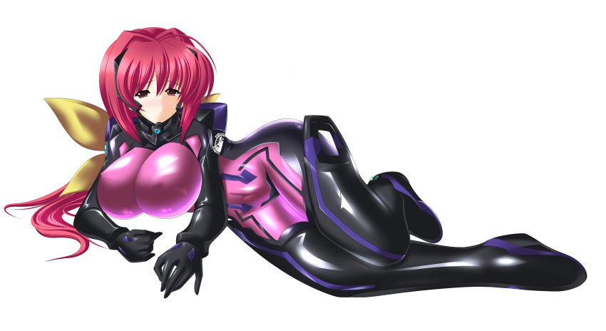 1girl absurdres ahoge blush bodysuit breasts covered_navel covered_nipples gloves hair_intakes highres kagami_sumika large_breasts long_hair looking_at_viewer lying muvluv open_mouth pilot_suit redhead skin_tight solo very_long_hair yakkey