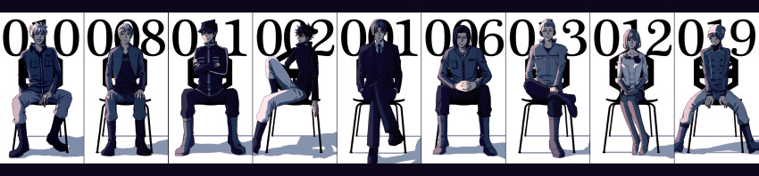 1girl 6+boys arafune_tetsuji azuma_haruaki bangs beanie between_fingers boots buttons chano_makoto cigarette closed_mouth collared_shirt cropped_jacket cross-laced_clothes crossed_arms crossed_legs double-breasted dress_shirt formal hands_in_pockets hands_on_own_knees hat headphones headphones_around_neck highres interlocked_fingers jacket kageura_masato kuruma_tatsuya letterboxed long_image long_sleeves looking_at_viewer messy_hair multiple_boys nasu_rei necktie ninomiya_masataka number own_hands_together pants pantyhose parted_bangs shade shadow shirt shoes short_hair silver_hair sitting_on_chair sitting_sideways smile spiky_hair suit suwa_koutarou v_(bui) white_background white_shirt wide_image world_trigger zipper