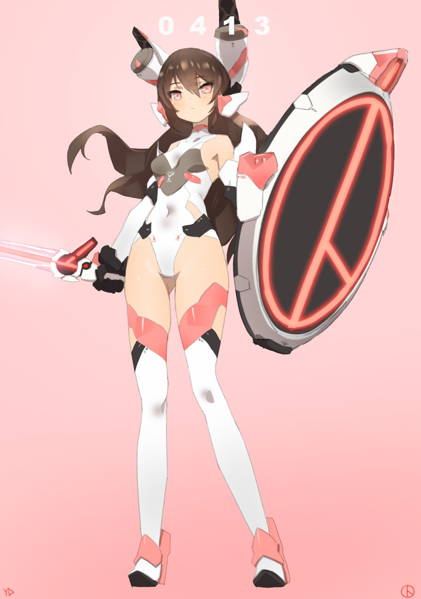 1girl bare_shoulders brown_hair covered_navel dated elbow_gloves from_below gloves gradient gradient_background hair_between_eyes headgear highres leotard long_hair pink_background pink_eyes shield simple_background solo sword thigh-highs turtleneck weapon white_legwear yang-do
