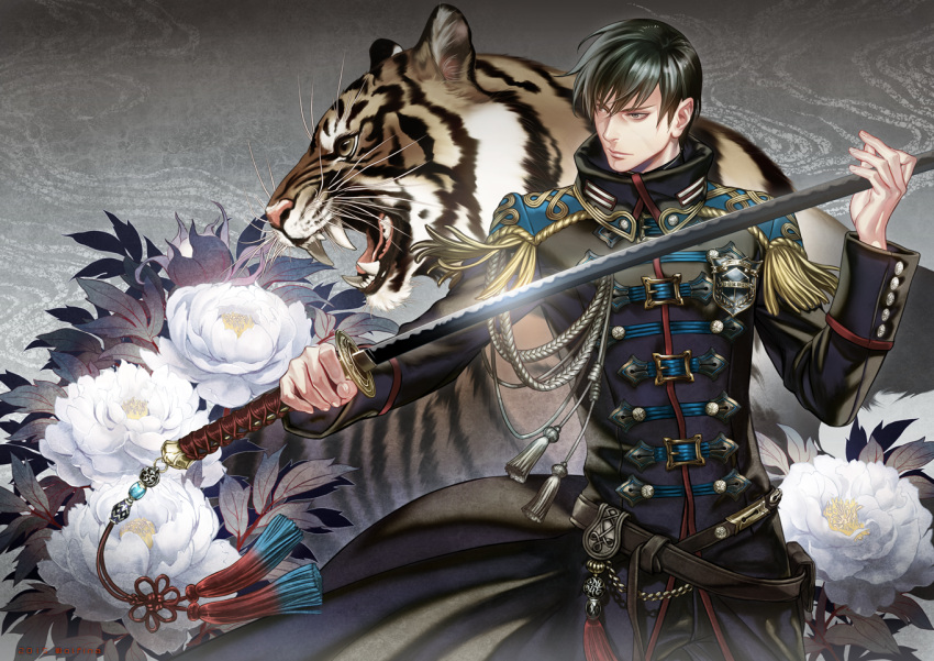1boy aiguillette animal badge black_eyes black_hair closed_mouth coat cowboy_shot epaulettes floral_background holding holding_sword holding_weapon long_sleeves looking_to_the_side male_focus military military_uniform pants plant shinoda_masafumi solo sword tassel tiger uniform weapon white_flower wolfina world_trigger