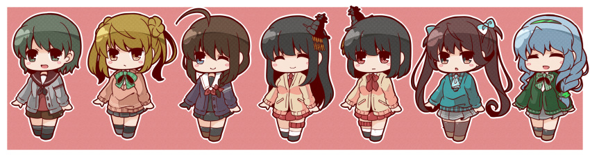 &gt;:| 6+girls :o ;) ^_^ ahoge asagumo_(kantai_collection) bangs black_gloves black_hair black_legwear black_skirt blonde_hair bloom2425 blue_eyes blush_stickers bow bowtie braid breasts brown_hair cardigan closed_eyes double_bun fusou_(kantai_collection) gloves green_eyes green_hair hair_between_eyes hair_bun hair_ornament hair_over_shoulder hair_ribbon hairband headgear highres kantai_collection kneehighs long_hair long_sleeves looking_at_viewer michishio_(kantai_collection) mogami_(kantai_collection) multiple_girls necktie one_eye_closed open_mouth pleated_skirt red_eyes red_necktie ribbon school_uniform serafuku shigure_(kantai_collection) shirt short_hair short_twintails shorts silver_hair single_braid single_glove skirt smile standing sweater swept_bangs twintails wavy_hair white_legwear yamagumo_(kantai_collection) yamashiro_(kantai_collection) yellow_eyes