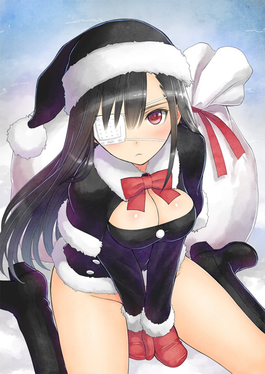 1girl :&lt; black_boots black_hair black_santa_costume boots bottomless breasts christmas cleavage eyepatch gloves groin hat highres knee_boots long_hair looking_at_viewer mittens no_panties original red_eyes ribbon sack santa_costume santa_hat shiny shiny_hair sitting solo tanaka_takayuki thigh-highs thigh_boots wariza