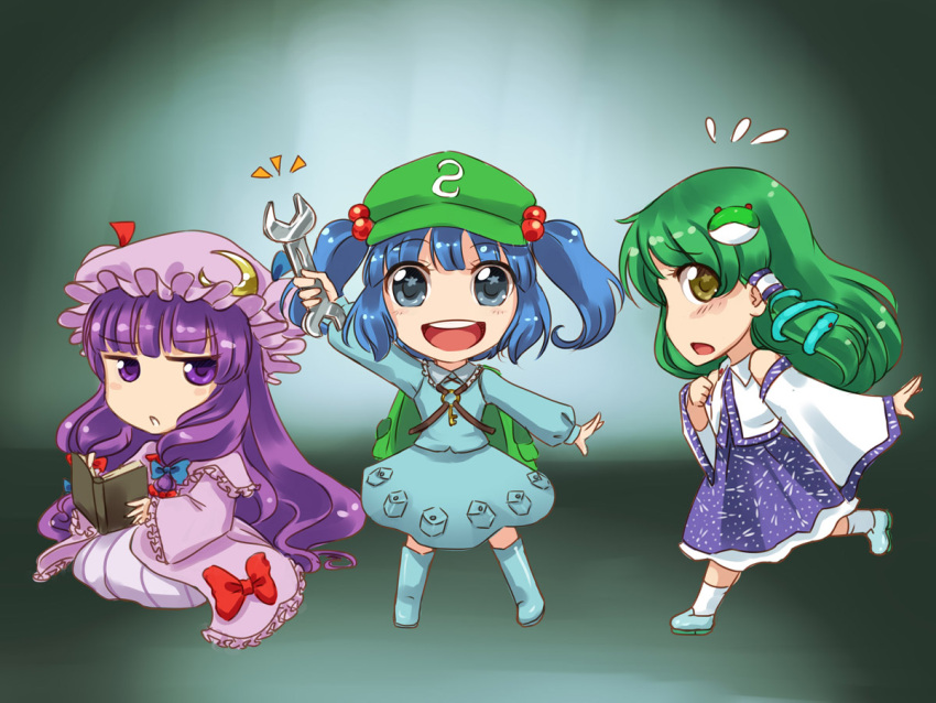 /\/\/\ 3girls backpack bag blue_bow blue_eyes blue_hair blue_ribbon book boots bow chibi commentary crescent crescent_hair_ornament danmaku!! detached_sleeves dress frilled_dress frilled_sleeves frills frog_hair_ornament from_side green_eyes green_hair hair_bobbles hair_ornament hair_ribbon hair_tubes hat hat_ribbon japanese_clothes jitome kawashiro_nitori key kneeling kochiya_sanae legs_apart long_hair looking_at_viewer m._beatriz_garcia miko mob_cap multiple_girls pajamas patchouli_knowledge purple_hair reading red_bow red_ribbon ribbon round_teeth rubber_boots running simple_background skirt skirt_set snake snake_hair_ornament standing striped striped_dress sweatdrop teeth touhou twintails two_side_up very_long_hair violet_eyes wide_sleeves wrench