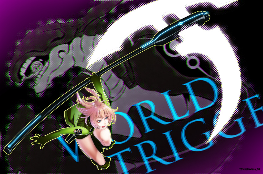 1girl 2014 :d artist_name axe bangs blue_eyes boots copyright_name gloves glowing glowing_weapon hair_wings holding holding_weapon konami_kirie looking_away looking_to_the_side open_mouth outstretched_arms pink_hair projected_inset short_hair smile torion_hei weapon wolfina world_trigger