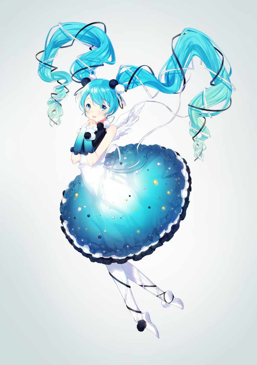 1girl absurdres aqua_eyes aqua_hair dress full_body hands_clasped hatsune_miku highres long_hair looking_at_viewer pantyhose solo twintails very_long_hair vocaloid waya_(bombe)
