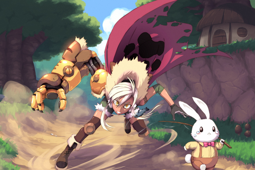 1girl =&lt; barefoot boots cape chasing collared_shirt crying crying_with_eyes_open cyborg dark_skin dust_cloud elbow_sleeve fish fishing_rod fleeing fur_trim gloves highres john_su knee_pads original pants paw_print platinum_blonde rabbit shirt short_hair shorts sidelocks slit_pupils suspenders tears thigh-highs yellow_eyes