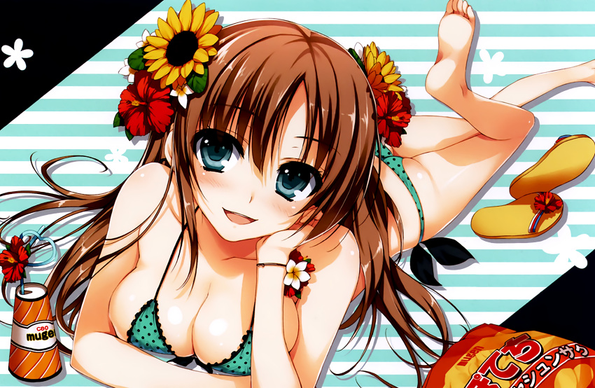 1girl :d ass barefoot bikini blush breasts cleavage collarbone flip-flops green_bikini green_eyes highres large_breasts lying on_stomach open_mouth sandals shoes_removed smile solo swimsuit tareme tomose_shunsaku