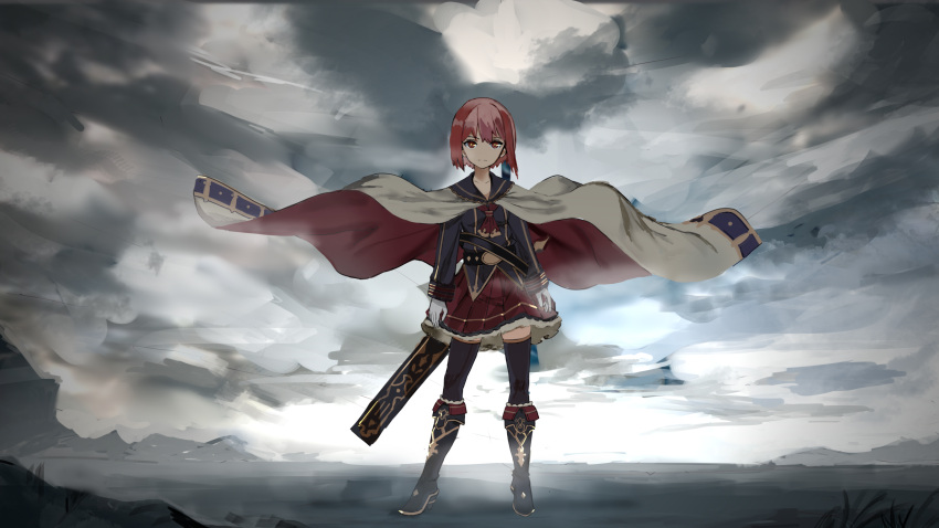 1girl alternate_costume auburn_hair belt boots brown_eyes cape clouds cloudy_sky commentary frills full_body gloves highres kantai_collection knee_boots long_sleeves military military_uniform pleated_skirt red_skirt ruisento sheath sheathed short_hair skirt sky solo standing sword thigh-highs uniform weapon white_gloves wind z3_max_schultz_(kantai_collection)