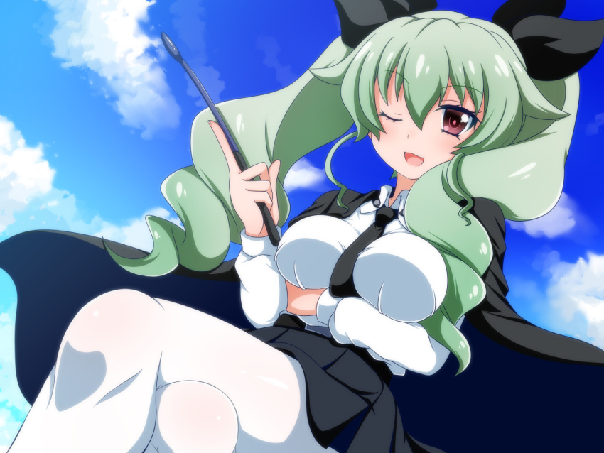 1girl ;d anchovy blush breasts cape crossed_legs dress_shirt drill_hair girls_und_panzer green_hair hair_ribbon highres large_breasts long_hair long_sleeves looking_at_viewer necktie oborotsuki_kakeru one_eye_closed open_mouth pantyhose red_eyes ribbon riding_crop shirt smile solo twin_drills twintails uniform white_legwear white_shirt