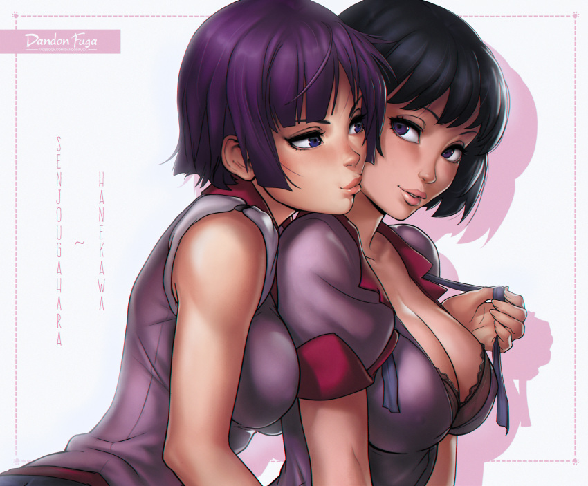 2girls absurdres artist_name assisted_exposure bakemonogatari bare_shoulders black_bra black_hair blue_eyes border bra breast_press breasts character_name cleavage collared_shirt dandon_fuga dotted_line dress_shirt duck_face fingernails from_side hanekawa_tsubasa highres huge_filesize light_rays lingerie looking_back monogatari_(series) multiple_girls parted_lips pink_border puffy_short_sleeves puffy_sleeves purple_hair purple_ribbon purple_shirt ribbon senjougahara_hitagi shirt short_sleeves silhouette simple_background sleeveless sleeveless_shirt teeth underwear untying upper_body violet_eyes white_background yuri