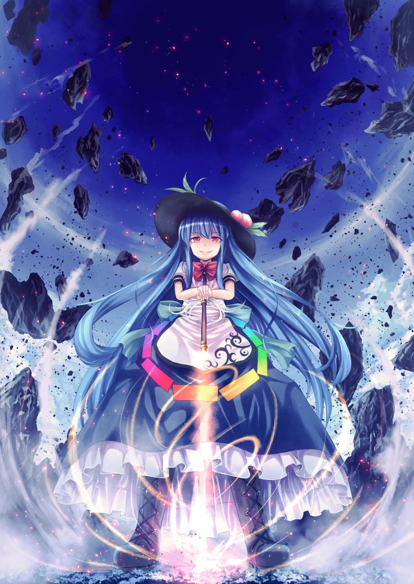 1girl absurdres bangs black_boots blue_hair blue_skirt blue_sky boots clouds cross-laced_footwear floating from_below full_body grin hat highres hinanawi_tenshi long_hair long_skirt looking_at_viewer outdoors puffy_short_sleeves puffy_sleeves red_eyes rock short_sleeves skirt sky smile solo standing sword sword_of_hisou t.m_(aqua6233) touhou v very_long_hair weapon