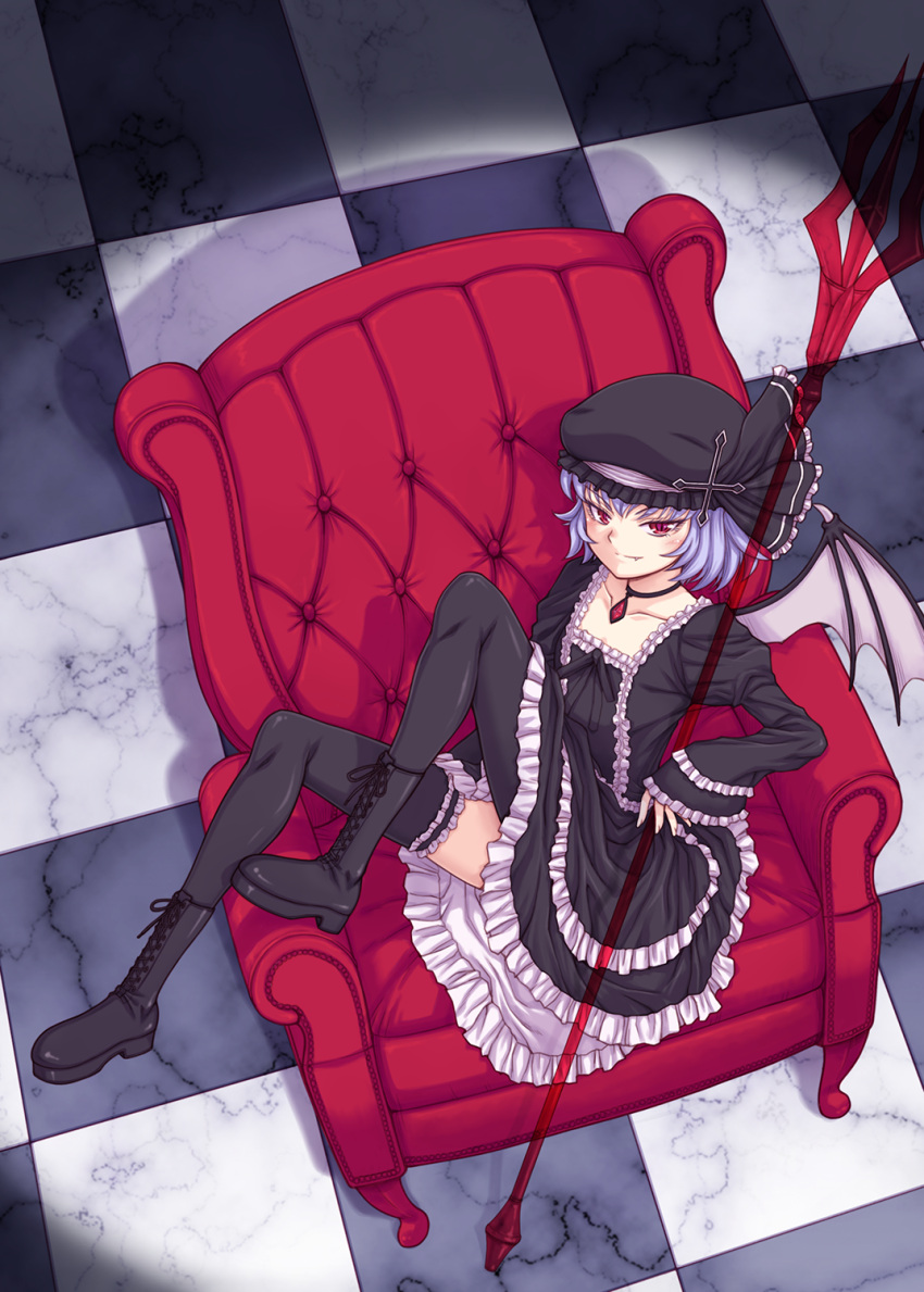 1girl alternate_costume alternate_headwear armchair bat_wings black_dress black_legwear blush boots chair checkered checkered_floor choker collarbone cross-laced_footwear dress dutch_angle fang frilled_dress frills full_body gothic_lolita hat hat_ribbon highres lace-up_boots lolita_fashion long_sleeves looking_at_viewer mob_cap orebalgum puffy_sleeves red_eyes remilia_scarlet ribbon short_hair sitting smile solo spear_the_gungnir thigh-highs touhou wide_sleeves wings