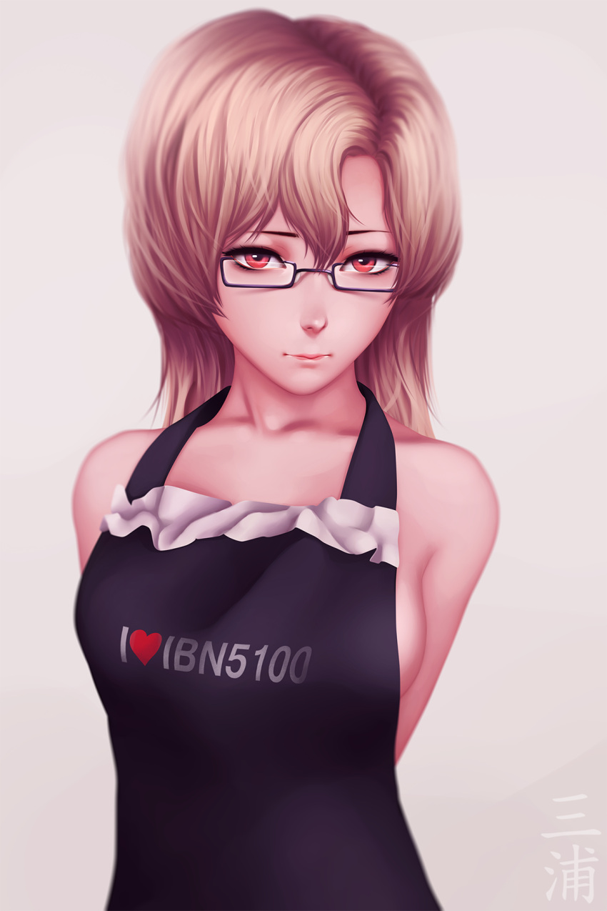 1girl apron arms_behind_back bare_shoulders black-framed_glasses breasts brown_hair closed_mouth clothes_writing collarbone frilled_apron frills glasses hair_between_eyes head_tilt heart highres kanji kiryuu_moeka lips long_hair looking_at_viewer naked_apron naoko_(naoko00) red_eyes semi-rimless_glasses sideboob solo steins;gate under-rim_glasses upper_body