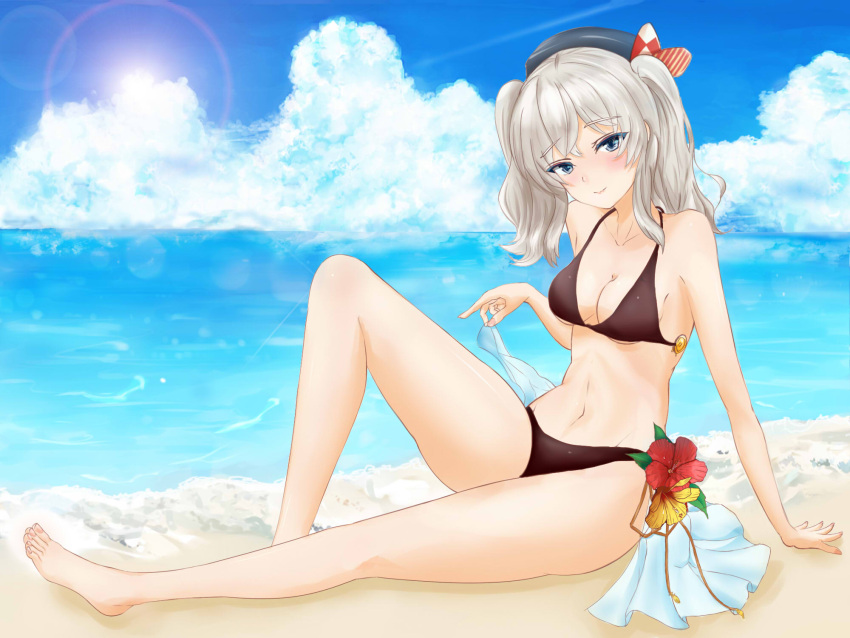 1girl beach bikini blue_eyes clouds hat highres kantai_collection kashima_(kantai_collection) long_hair silver_hair sitting swimsuit