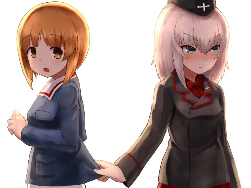 2girls blue_eyes brown_eyes brown_hair clothes_grab garrison_cap girls_und_panzer hat highres itsumi_erika long_hair multiple_girls nishizumi_miho okitsugu school_uniform short_hair silver_hair