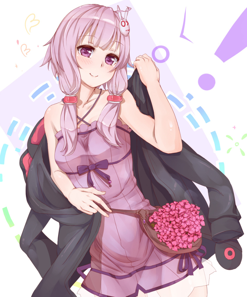 1girl ahoge bare_shoulders bow bunny_hair_ornament collarbone dress flower hair_ornament heart highres hood hoodie hoodie_removed long_hair purple_hair simple_background smile solo strapless strapless_dress tube_dress twintails violet_eyes vocaloid voiceroid yuirimo yuzuki_yukari