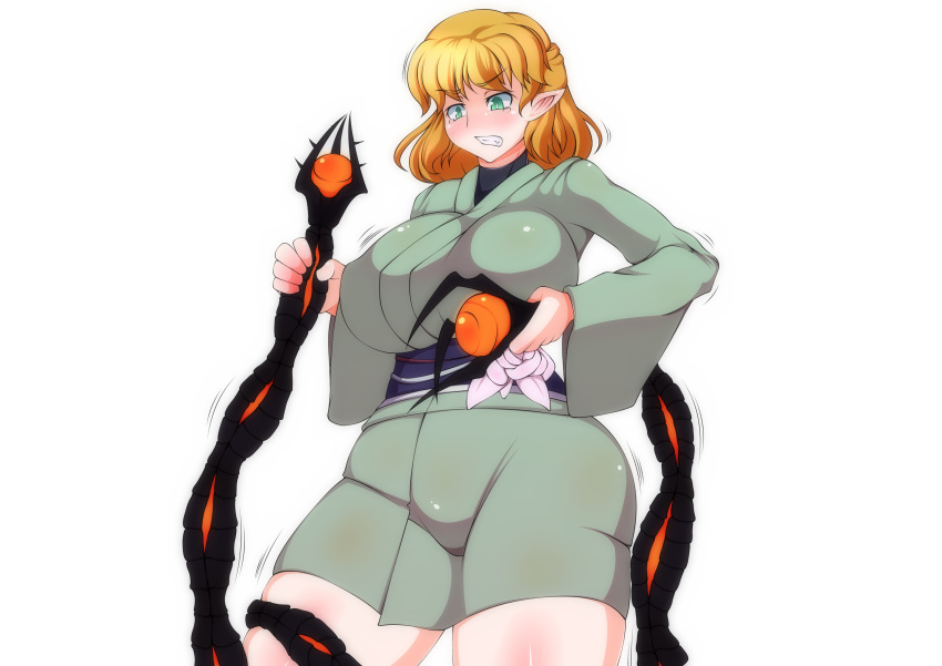 1girl alternate_costume benedicta_(yamamaya4) blonde_hair blush body_blush bouncing_breasts breasts clenched_teeth green_eyes half_updo highres japanese_clothes kimono large_breasts mizuhashi_parsee obi plump pointy_ears sash short_hair skindentation solo tears teeth tentacles thick_thighs thighs tight touhou