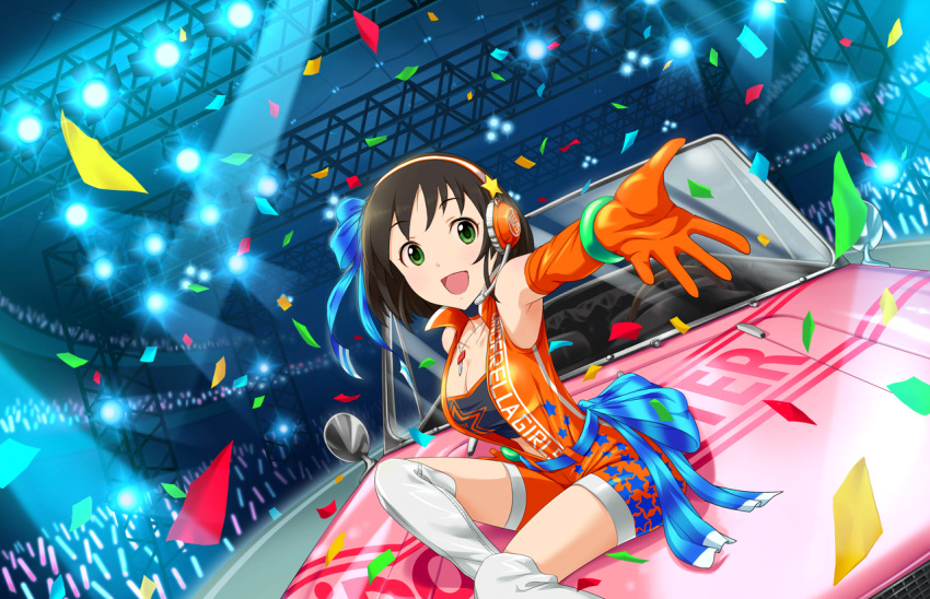 1girl artist_request black_hair car gloves green_eyes harada_miyo headphones idolmaster idolmaster_cinderella_girls idolmaster_cinderella_girls_starlight_stage jewelry key looking_at_viewer motor_vehicle necklace official_art open_mouth racequeen ribbon short_hair solo star vehicle
