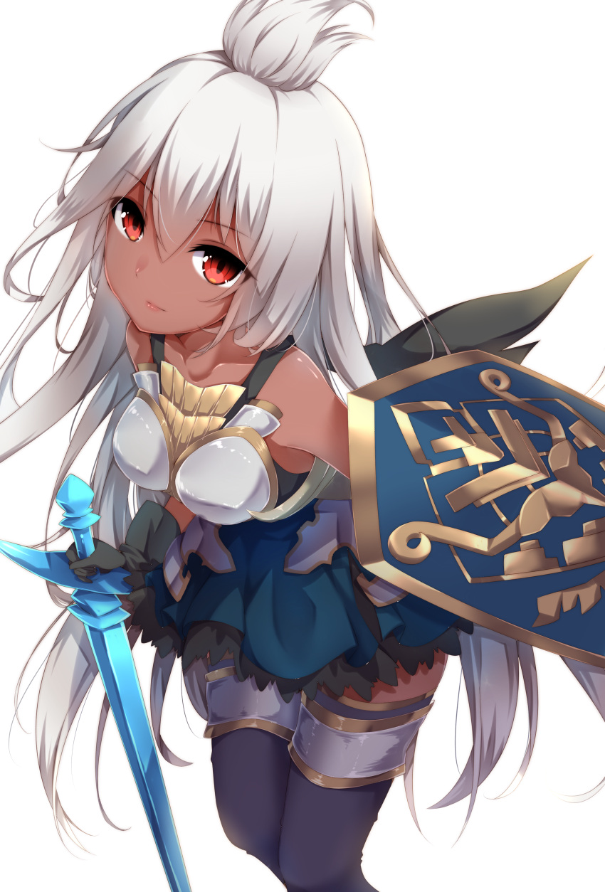 1girl absurdres ahoge amane_tari armor armored_dress bangs black_gloves black_legwear closed_mouth collarbone dark_skin dress eyebrows eyebrows_visible_through_hair gloves granblue_fantasy hair_between_eyes highres holding holding_shield holding_sword holding_weapon long_hair looking_at_viewer pink_lips red_eyes shield simple_background solo sword the_order_grande thigh-highs thigh_strap very_long_hair weapon white_background white_hair