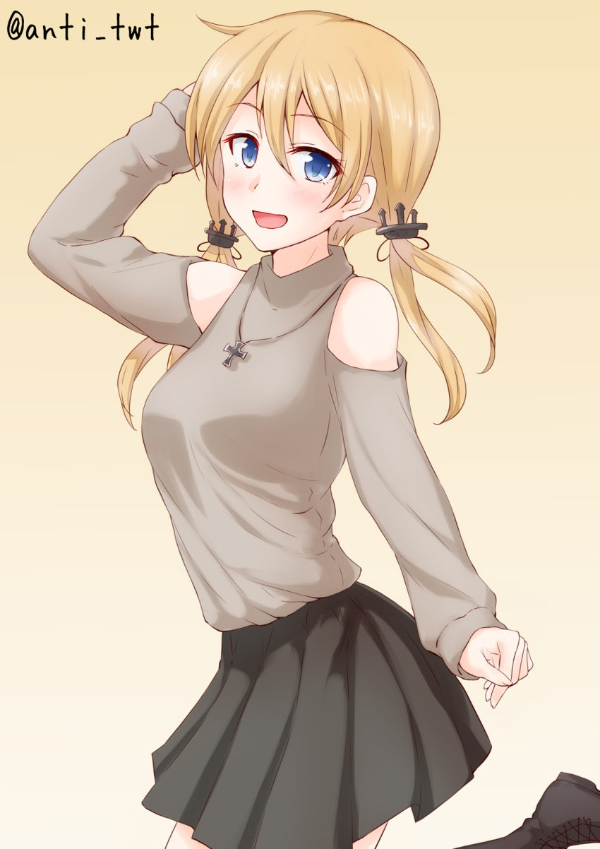 1girl :d anchor anti_(untea9) arm_up artist_name bare_shoulders black_boots black_skirt blonde_hair blue_eyes boots cross-laced_footwear hand_in_hair highres iron_cross jewelry kantai_collection knee_boots long_hair looking_at_viewer low_twintails necklace open_mouth pendant pleated_skirt prinz_eugen_(kantai_collection) shoelaces shoulder_cutout simple_background skirt smile solo sweater twintails yellow_background