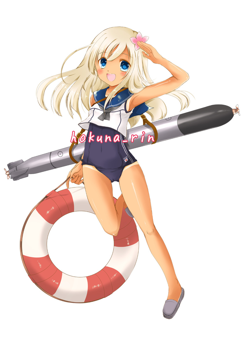 1girl blonde_hair blue_eyes crop_top flower hair_flower hair_ornament highres hokuna_rin kantai_collection lifebuoy one-piece_tan ro-500_(kantai_collection) sailor_collar salute school_swimsuit swimsuit swimsuit_under_clothes tan tanline torpedo