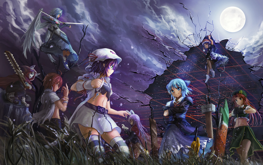 2boys 6+girls adapted_costume advent_cirno alternate_costume animal animal_ears armband asymmetric_gloves bandages bangs belt beret bike_shorts black_gloves black_shorts blue_bow blue_eyes blue_hair blue_skirt bow braid broken capelet chainsaw cirno clenched_hand cloak closed_mouth clouds collared_shirt crop_top crossed_arms crossover doremy_sweet dress dual_wielding engi_threepiece eye_contact eyebrows eyebrows_visible_through_hair feathered_wings fighting_stance flying freeze-ex frills fujiwara_yumeji full_moon gloves grass green_skirt hair_bow hair_ribbon hat hat_ribbon holding holding_sword holding_weapon hong_meiling hood hooded_cloak jacket john_doe_(yumekui_merry) key light_particles long_hair long_sleeves looking_at_another mask merry_nightmare midriff moon multiple_boys multiple_girls navel neck_ribbon night night_sky nightcap no_shoes outdoors overskirt own_hands_together pants pauldrons planted_sword planted_weapon pointy_ears pom_pom_(clothes) profile purple_hair rabbit rabbit_ears red_cape red_eyes red_ribbon redhead reisen_udongein_inaba ribbon sash scabbard sheath shirt short_hair short_sleeves shorts skirt skirt_set sky smile socks standing star stomach striped striped_legwear sword tail thigh-highs torn_clothes torn_shirt touhou twin_braids waist_cape weapon white_gloves white_hat white_jacket white_legwear white_shirt white_skirt white_wings wings yumekui_merry
