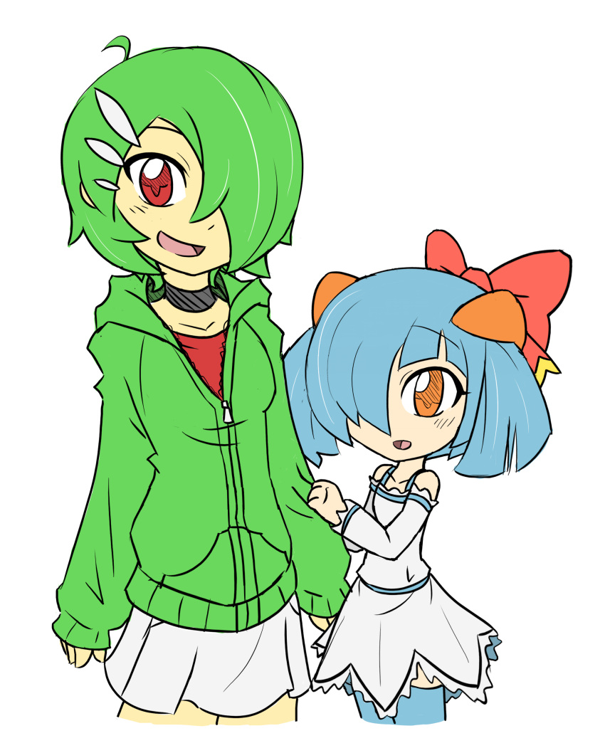2girls absurdres ahoge airalin_(mark_folks) alternate_color bare_shoulders blue_hair bow child choker commentary_request dress gardevoir green_hair hair_bow hair_ornament highres hood hoodie humanization kirlia looking_at_viewer mark_folks multiple_girls open_mouth orange_eyes pokemon red_eyes serene_(mark_folks) shiny_pokemon short_hair siblings simple_background sisters skirt sleeve_grab sleeves_past_wrists smile thigh-highs white_background zettai_ryouiki