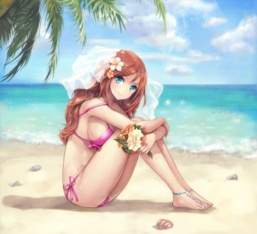 1girl bare_shoulders barefoot barefoot_sandals beach bikini blue_eyes blue_sky bouquet breasts brown_hair closed_mouth clouds coast day eyebrows eyebrows_visible_through_hair flower from_side full_body hair_flower hair_ornament highres holding holding_flower horizon knees_up large_breasts leaning_forward long_hair looking_at_viewer looking_to_the_side original outdoors palm_tree pink_bikini pink_ribbon plant puky red_flower ribbon rock sand see-through shell shore side-tie_bikini sideboob sitting sky smile solo swimsuit tree veil very_long_hair water waves white_flower