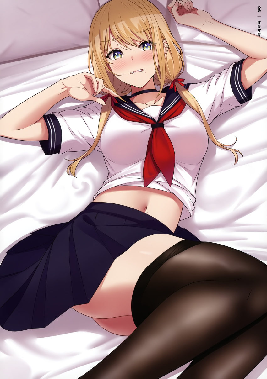 1girl absurdres arms_up ass bed_sheet black_choker blonde_hair blue_skirt blush breasts brown_legwear choker clenched_teeth clothes_lift embarrassed feet_out_of_frame fine_fabric_emphasis green_eyes highres lying medium_breasts midriff miniskirt mole mole_on_stomach mole_under_mouth navel neckerchief nose_blush on_back on_bed original pleated_skirt sailor_collar scan school_uniform serafuku shirt shirt_lift short_sleeves skirt solo sukebewe teeth thigh-highs thighs white_shirt zettai_ryouiki