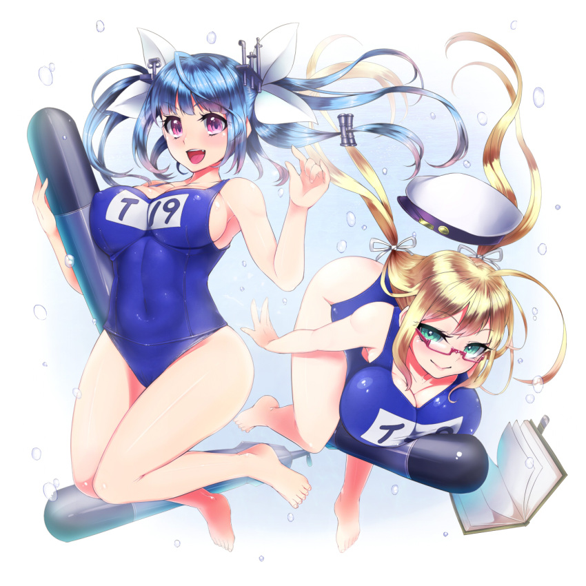 2girls ahoge air_bubble alternate_eye_color ass bare_shoulders barefoot blonde_hair blue_hair book breasts covered_navel doyouwantto fang glasses green_eyes hair_ribbon hat hat_removed headwear_removed highres i-19_(kantai_collection) i-8_(kantai_collection) kantai_collection large_breasts long_hair looking_at_viewer low_twintails multiple_girls name_tag no_legwear one-piece_swimsuit open_book open_mouth peaked_cap red-framed_glasses ribbon school_swimsuit semi-rimless_glasses sideboob star star-shaped_pupils swimsuit symbol-shaped_pupils teeth torpedo tri_tails twintails under-rim_glasses violet_eyes