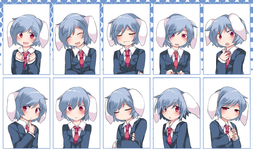 1girl :t ^_^ animal_ears blazer blue_hair chart clenched_hands closed_eyes commentary_request crossed_arms dress_shirt expression_chart expressions hammer_(sunset_beach) hands_clasped jacket looking_at_viewer neckerchief open_mouth pout rabbit_ears red_eyes reisen shirt short_hair smile smirk solo touhou upper_body