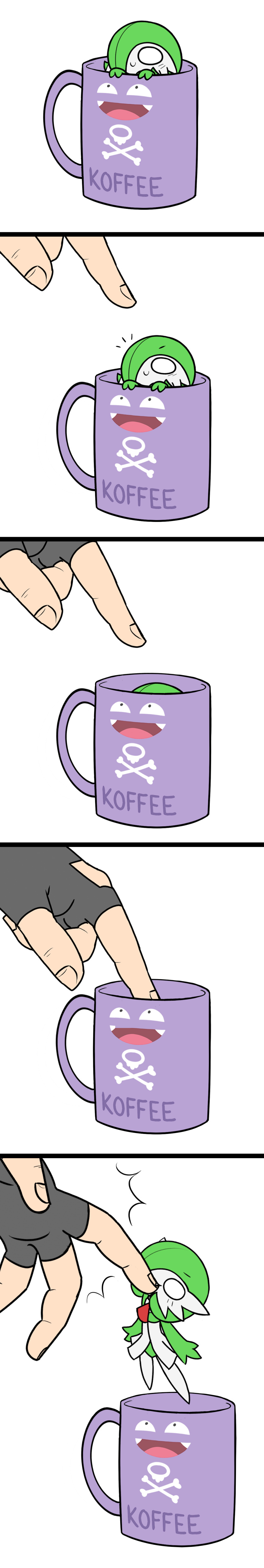 /\/\/\ absurdres biting coffee_cup comic finger_biting gardevoir hair_over_one_eye hiding highres koffing long_image mark_folks minigirl o_o pokemon poking pun simple_background smile solo_focus tall_image white_background