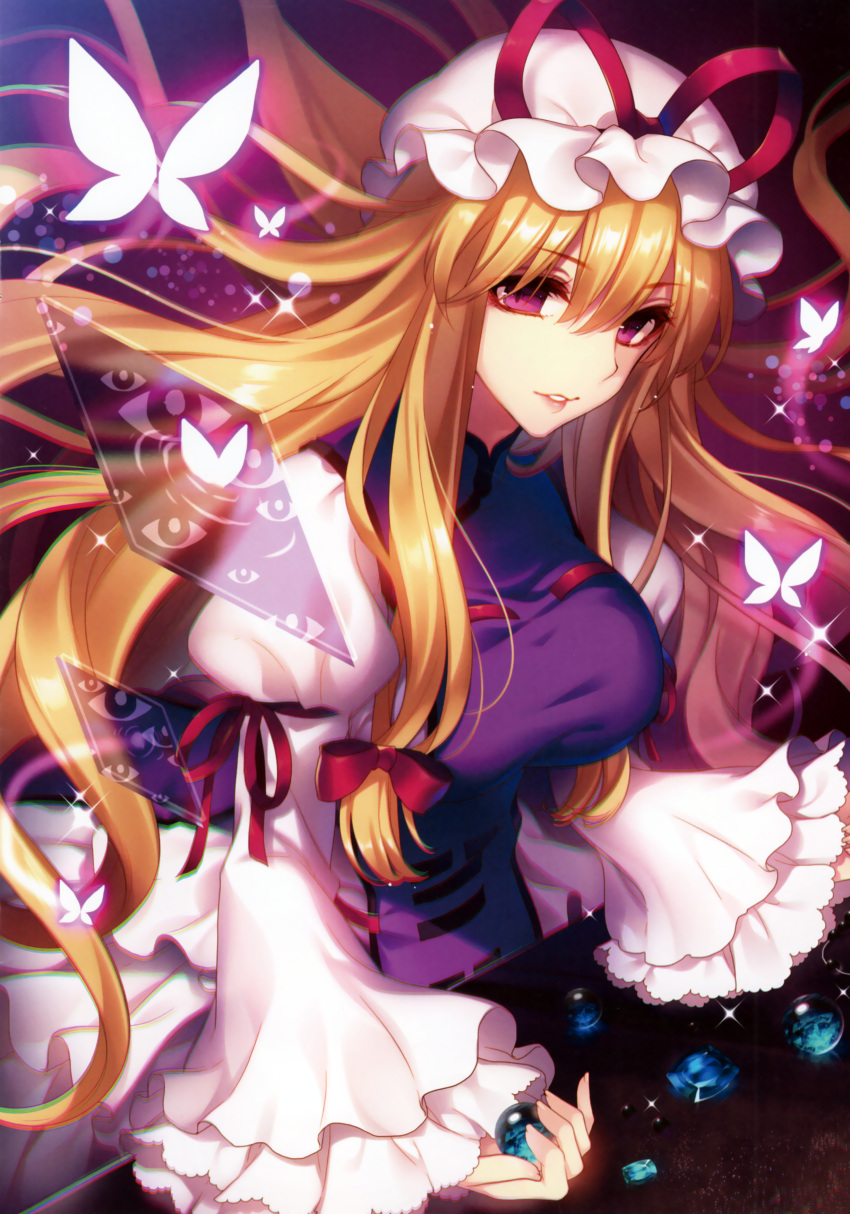 1girl absurdres blonde_hair bow butterfly chromatic_aberration dress dutch_angle eyes hair_bow hair_ornament hat hat_ribbon highres long_hair long_sleeves looking_at_viewer masaru.jp mob_cap obsidian_rock parted_lips puffy_sleeves ribbon scan smile solo sparkle tabard touhou violet_eyes white_dress wide_sleeves yakumo_yukari