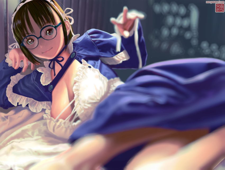 1girl arm_support bangs black_hair blue-framed_glasses blue_dress blue_ribbon blurry breasts brown_eyes closed_mouth commentary_request cross-laced_clothes depth_of_field dress frills glasses hairband head_rest lace-trimmed_sleeves lace_trim large_breasts logo long_sleeves looking_at_viewer loose_clothes lying maid on_bed on_side original ribbon round_teeth shade smile solo teeth untied watermark web_address white_ribbon yasumori_zen