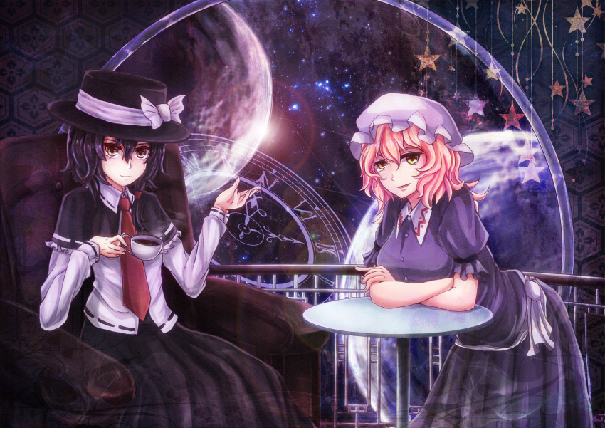 2girls armband bangs black_hair black_hat black_skirt blonde_hair bow breasts brown_eyes capelet chair clock collared_shirt crossed_arms cup dai_(yamii) dress earth fedora hair_between_eyes hair_tie hand_up hat hat_bow highres leaning_on_object lens_flare long_skirt long_sleeves looking_at_viewer maribel_hearn mob_cap multiple_girls necktie open_mouth planet purple_dress red_necktie reflective_eyes ribbon-trimmed_clothes ribbon-trimmed_collar ribbon-trimmed_sleeves ribbon_trim roman_numerals seigaiha shiny shiny_hair shirt short_hair short_sleeves sitting skirt space star steam sun sunlight table tea teacup touhou usami_renko white_shirt yellow_eyes
